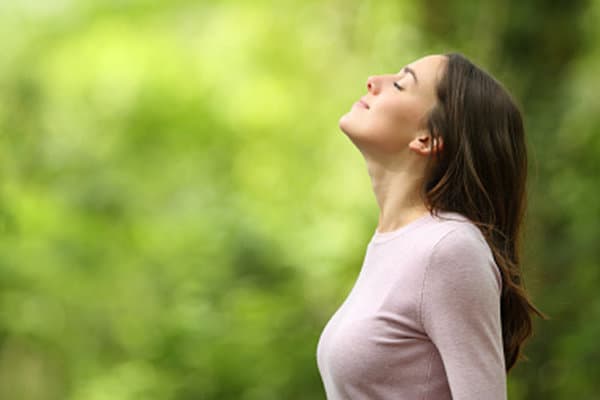 Profile of a relaxed woman breathing fresh air in a green forest