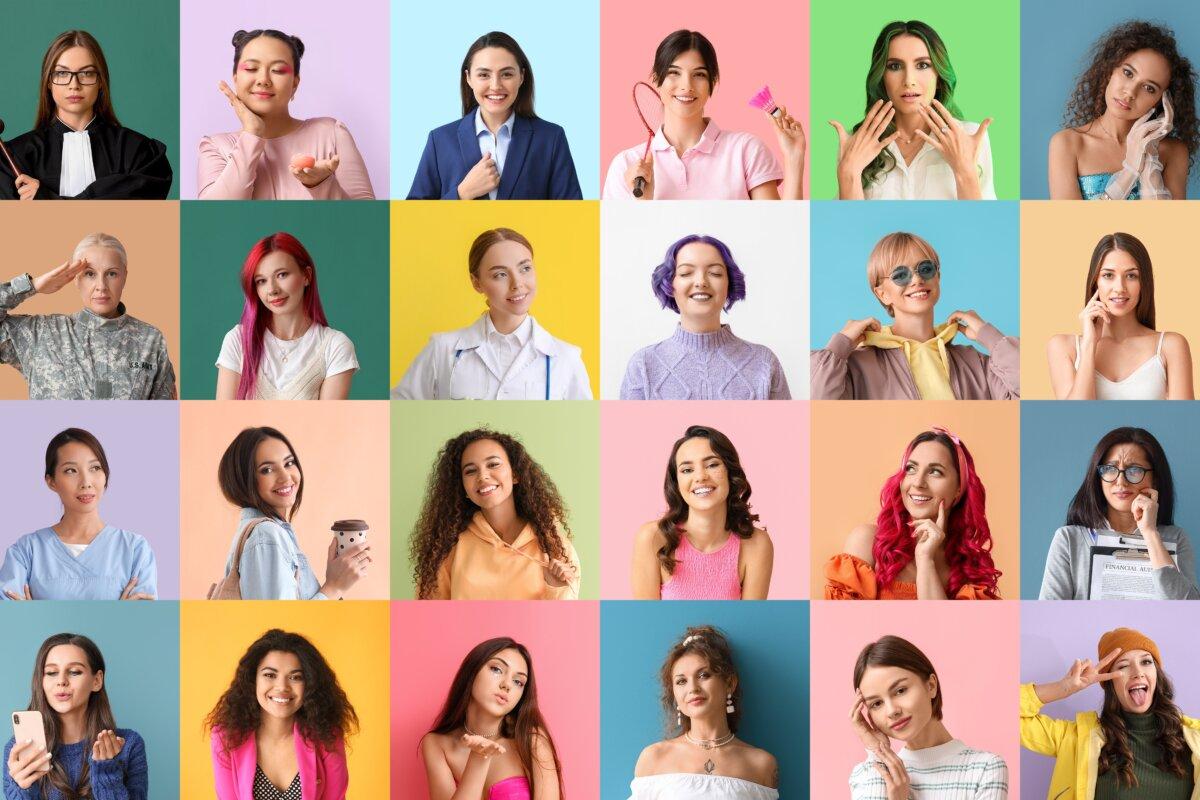 Collage schöner Frauen auf farbigem Hintergrund