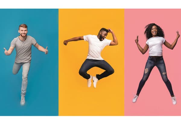 Collage of positive multiracial young people jumping over colorful backgrounds