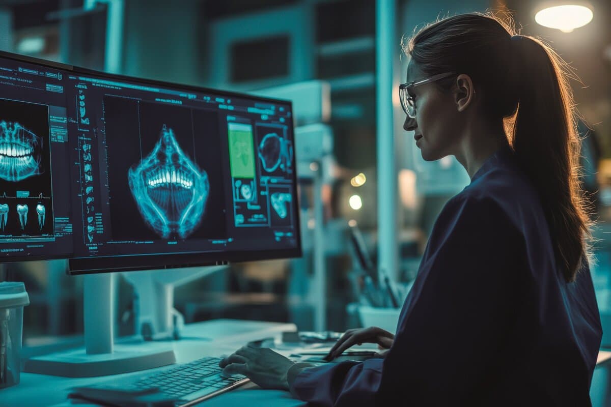 Ein Zahnarzt, der KI-gestützte Diagnosetools verwendet und fortschrittliche, präzise und personalisierte Zahnpflege