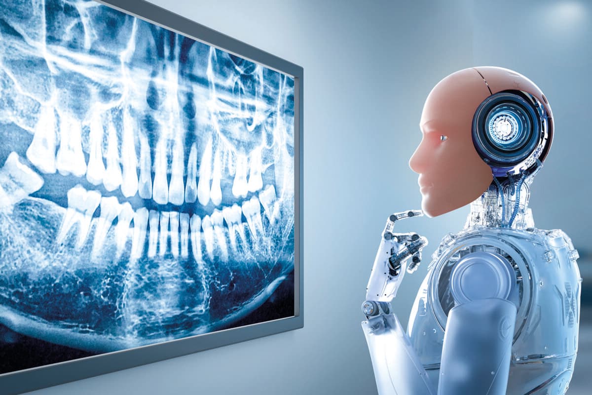 Medical technology concept with 3d rendering artificial skin robot analyze x-ray teeth tomography